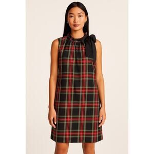 J.Crew Plaid Sleeveless Shift Dress Red Tartan Bow Neck Size 6